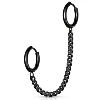Double piercing hélix et lobe à anneaux clickers enchainés - Noir