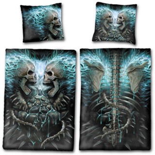 Drap housse double face (200x135cm) avec cranes  flammes bleues + 1 taie d'oreiller