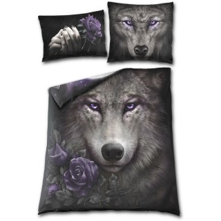 Housse de couverture double face (200x200cm) avec loup et roses + 2 taies d'oreiller