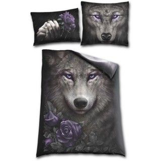 Housse de couverture double face (135x200cm) avec loup et roses + 2 taies d'oreiller