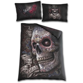 Drap housse double face (200x135cm) "Jour des morts" + 2 taies d'oreiller