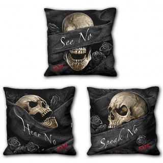 Ensemble de 3 coussins dco gothiques  trio de cranes "SEE NO EVIL"