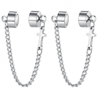 Fausses boucles d'oreilles en acier � chaine et croix (Paire)