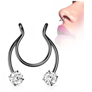 Faux piercing nez septum en acier Noir  strass