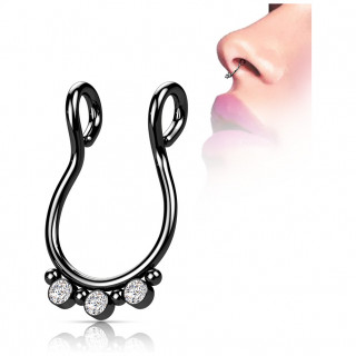 Faux piercing septum en acier Noir  strass et perles