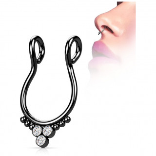 Faux piercing septum en acier Noir trinités de strass et perles