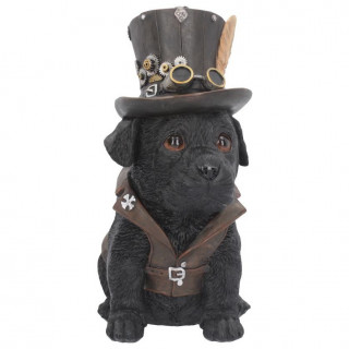 Figurine chien noir steampunk avec chapeau  engrenages (21cm)