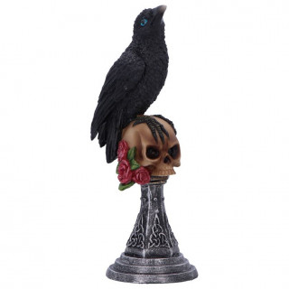 Figurine corbeau perch� sur un crane � base celtique et roses (17cm)