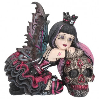 Figurine fée gothique "Lolita" se reposant sur un crâne de sucre (12cm)