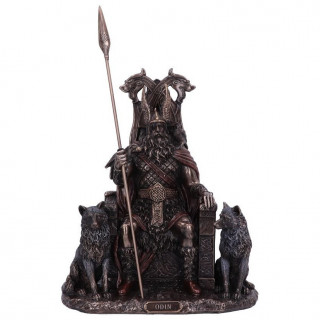 Figurine Odin sur son trne avec ses loups Gueri et Freki et de son corbeau (22 cm)