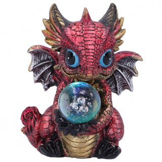 Figurine petit dragon rouge tenant une orbe (10,8cm)