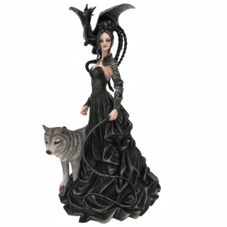Figurine reine sombre à dragon noir et loup gris (32.5 cm) - Nene Thomas