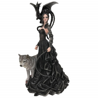 Figurine reine sombre  dragon noir et loup gris (32.5 cm) - Nene Thomas