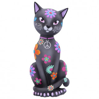 Grande figurine de chat noir à fleurs colorées "Hippy Kitty" (26cm)
