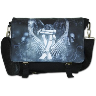 Grande sacoche noire en coton avec femme ange enchaine et pentagramme