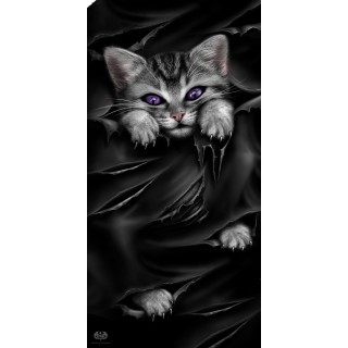Grande serviette avec chat gris  griffes sorties et dchirures (140cm x 70cm)