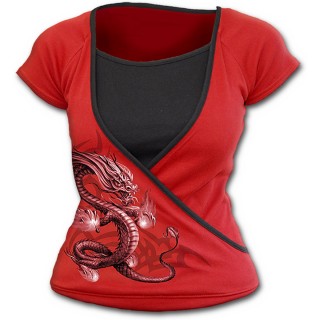 Haut crois rouge et gris pour femme avec dragon asiatique