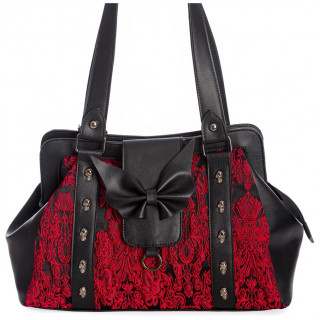 Sac  main gothique noir  motif floral rouge, cranes et noeud chauve-souris - Banned