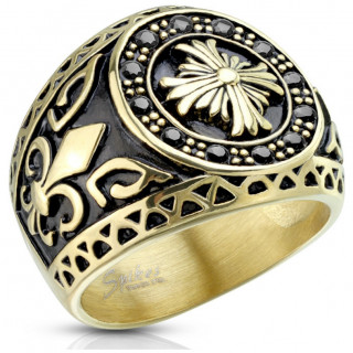 Bague homme en acier  croix cercle de pierres avec fleurs de Lys - Dor