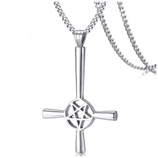 Pendentif acier croix de satan (inversée et pentacle)