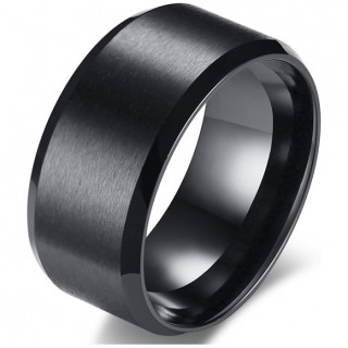 Bague homme noire large en acier  bandeau bross