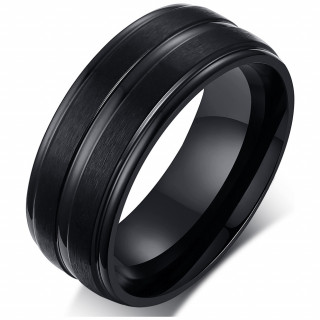 Bague homme acier noire rainure  bandes brosses