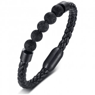 Bracelet homme cuir  perles de lave noires