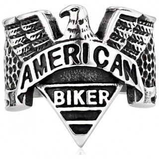 Bague homme en acier grav "American Biker" avec aigle