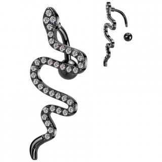 Piercing nombril inversé noir à serpent parcouru de zirconiums
