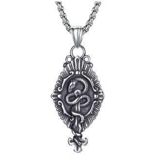 Pendentif  serpent enroul autour d'une croix inverse en acier