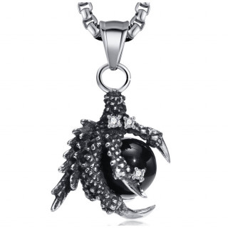 Pendentif gothique en acier avec griffe de dragon tenant un globe noire