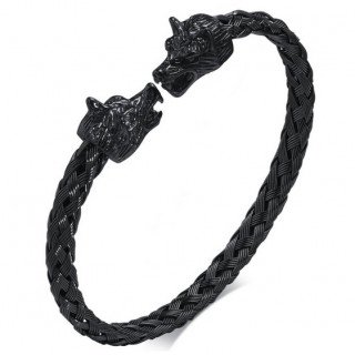 Bracelet homme noir jonc tressé style viking à têtes de loups en acier