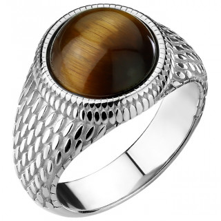 Chevali�re homme acier aspect peau de l�zard � pierre oeil de tigre