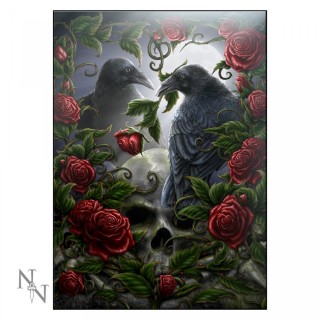 Image sous verre  corbeaux, roses et crane (50x70cm)