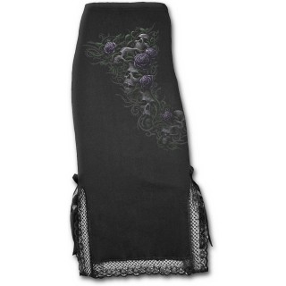 Jupe longue slim  broderies avec cranes et roses violettes