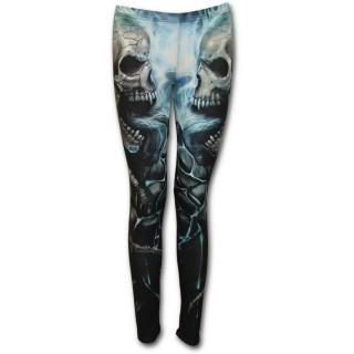 Legging femme gothique  cranes en face  face et flammes bleues