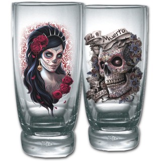 Lot de 2 verres transparents avec femme masque et crane de sucre "Jour des morts"