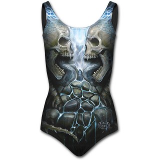 Maillot de bain femme gothique  cranes en face  face et flammes bleues