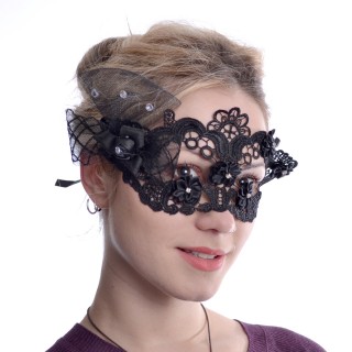 Masque venitien dentelle noire  roses, strass et voilage