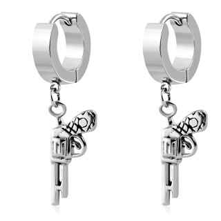 Paire de boucles d'oreilles en acier avec pistolet rvolver suspendu