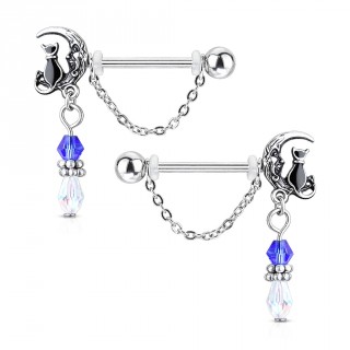 Paire de piercings tton  chat sur la lune et pendentif