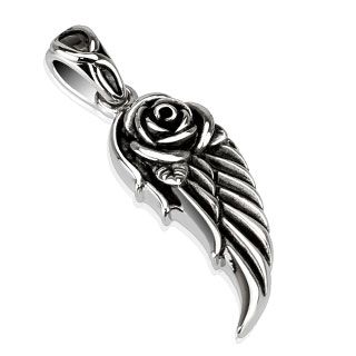 Pendentif acier aile d'ange noircie avec Rose