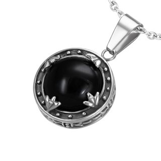 Pendentif acier cercle  pierre noire bombe