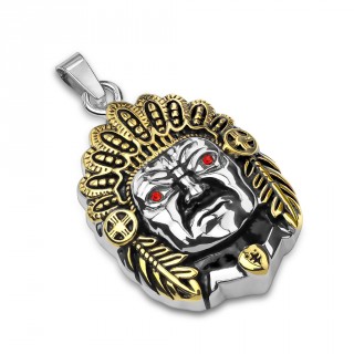 Pendentif acier chef indien  coiffe dore et yeux rouges