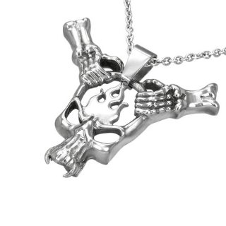 Pendentif acier crane vampire enflamm et mains