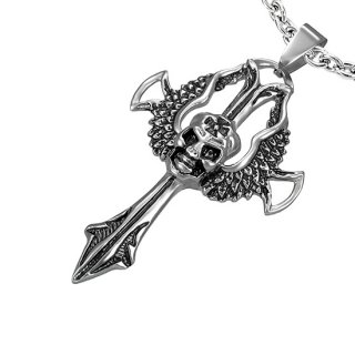 Pendentif acier croix aile avec tte de mort