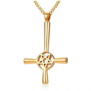 Pendentif acier croix de satan dore (inverse et pentacle)