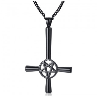 Pendentif acier croix de satan noire (inversée et pentacle)