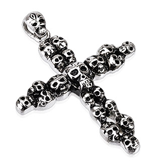 Pendentif acier croix de ttes de mort empiles