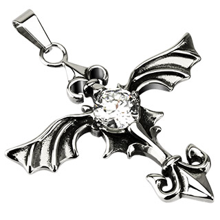 Pendentif acier croix gothique  ailes et fleur de Lys